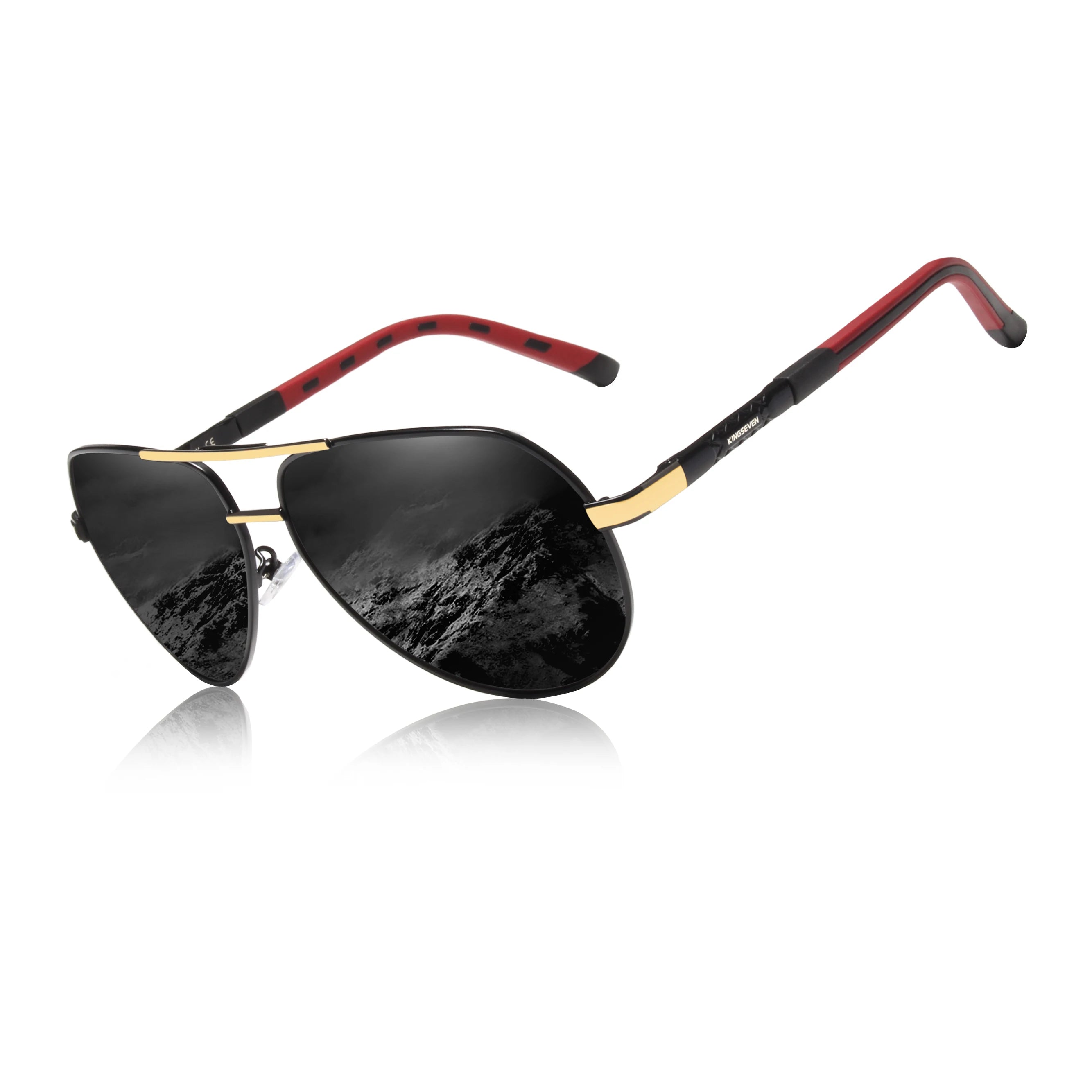 Aviator sunglasses with black lenses, gold accents, and red-black arms on white background