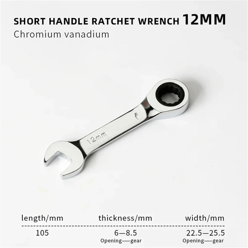6-19mm Stubby Ratchet Spanner Short Ratchet Wrench Car Repair Hand Tools 72 Tooth Design Short Handle Dual-purpose Wrench Tool