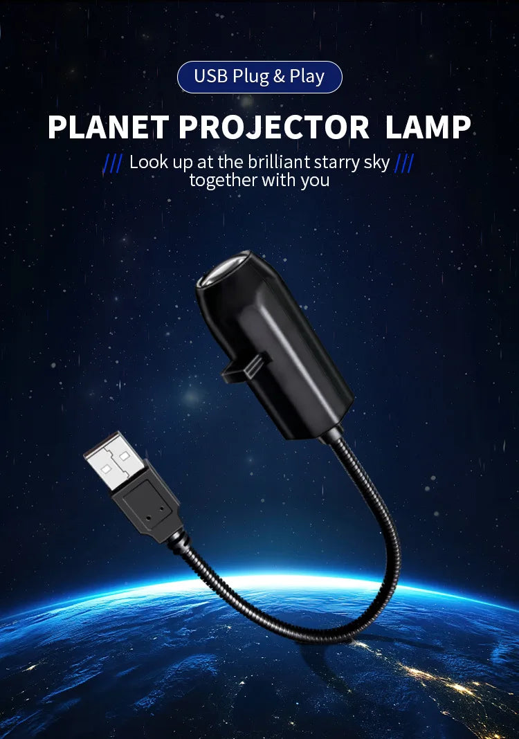 USB planet projector lamp for creating starry night sky effects, flexible black design