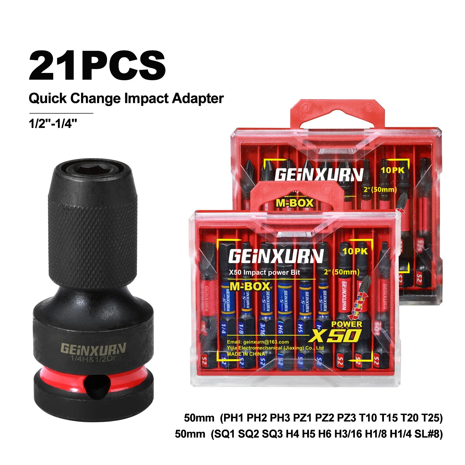 Geinxurn Impact Screwdriver Bit Holders,1/2-Inch Square Drive to 1/4-Inch Quick Release Hex Socket Adapter with screwdriver bits