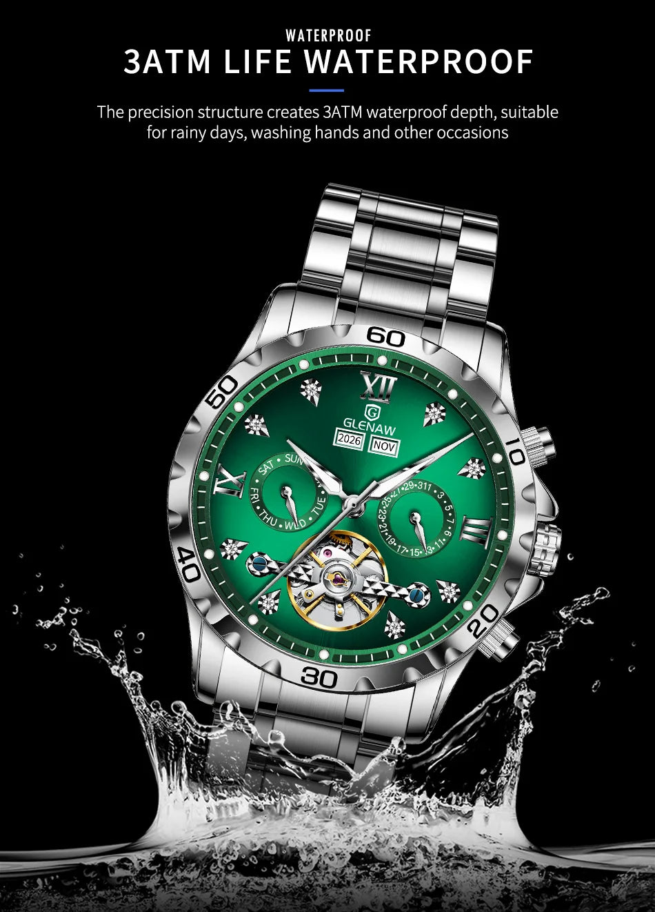 Glenaw high-end business fully automatic mechanical multi-functional men's watch trendy fashion waterproof watch