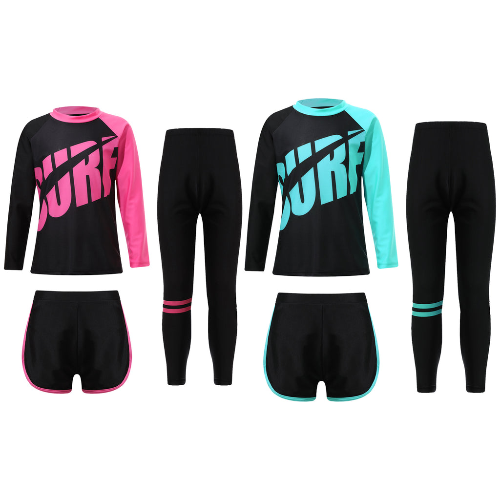 Kids Rash Guard Swimwear 3 Piece Swimming Sets Quickly Dry Swimsuit Sun Protection Long Sleeve Top+Shorts+Pants Swim Outfits