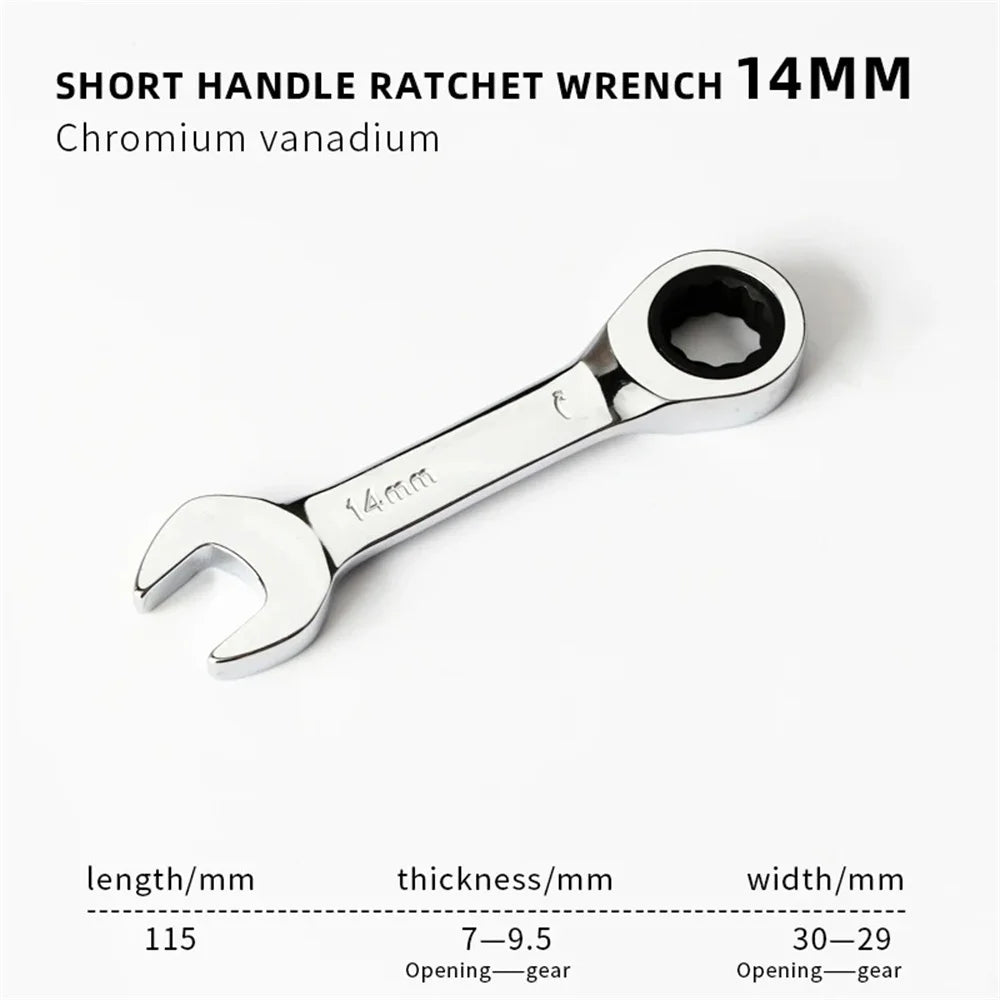 6-19mm Stubby Ratchet Spanner Short Ratchet Wrench Car Repair Hand Tools 72 Tooth Design Short Handle Dual-purpose Wrench Tool