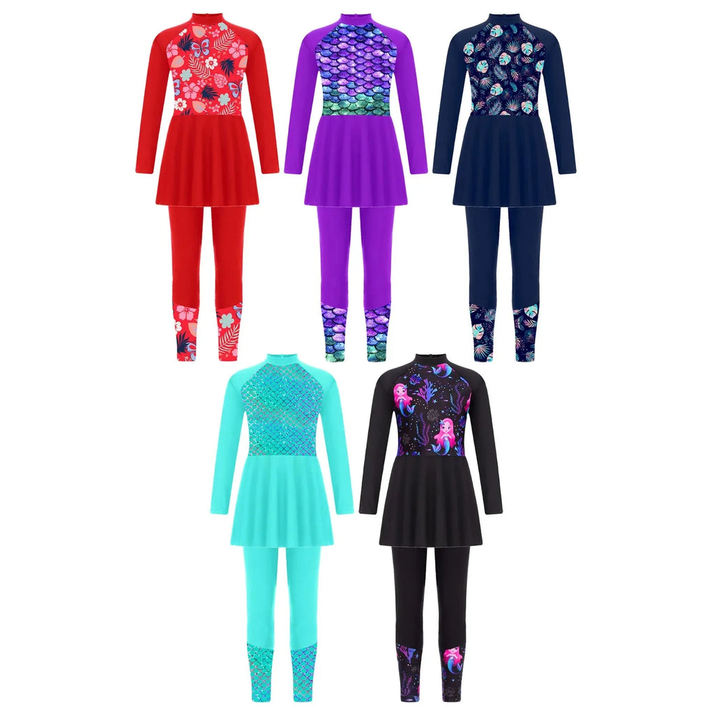 Girls Swimsuits 2 Piece Rash Guard Set UPF 50 Sun Protection Long Sleeve Swim Dress with Leggings Kids Full Body Cover Beachwear