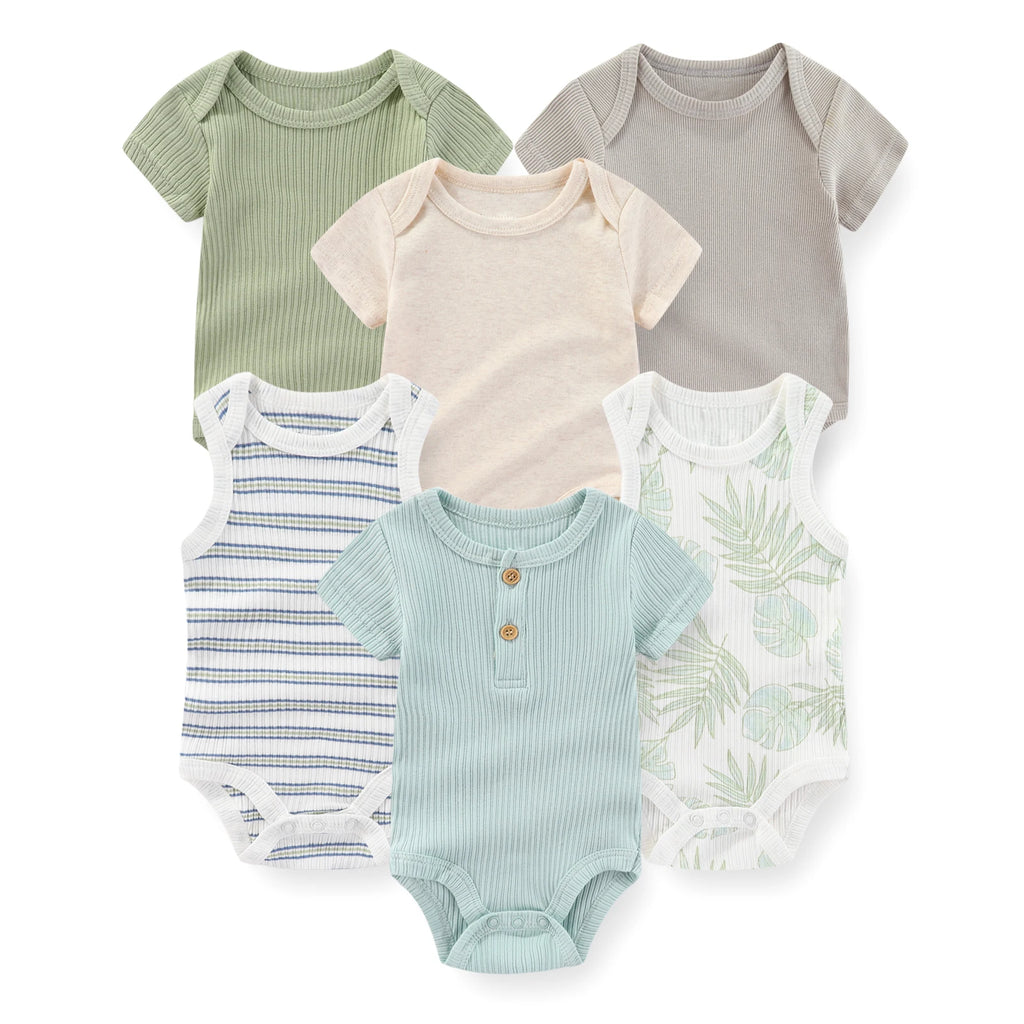 6-Piece Fashion Cute Baby Bodysuits Cotton Soft Newborn Boy Girl Short Sleeve Onesies Summer Sleeveless Infant Clothes