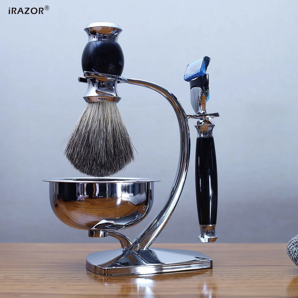 iRAZOR 5-Blade Fusion Safety Razor Shaving Kit with Badger Hair Shaving Brush & Bowl Stand Holder - Grooming Gift for Men