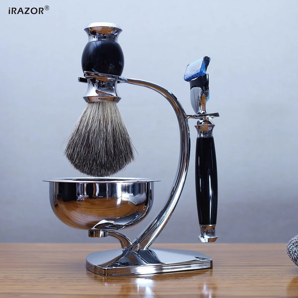 iRAZOR 5-Blade Fusion Safety Razor Shaving Kit with Badger Hair Shaving Brush & Bowl Stand Holder - Grooming Gift for Men