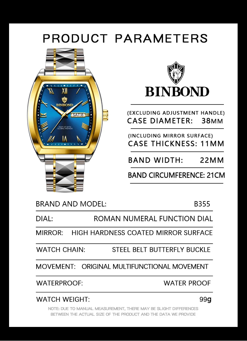 BINBOND 2pcs Couple Watches Fashion Square Quartz Watch for Lover Wateproof Luminous Date Week Men Ladies Valentine Wristwatch