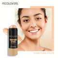 Smiling woman with natural makeup beside Pecolovers contour stick in natural color shade.