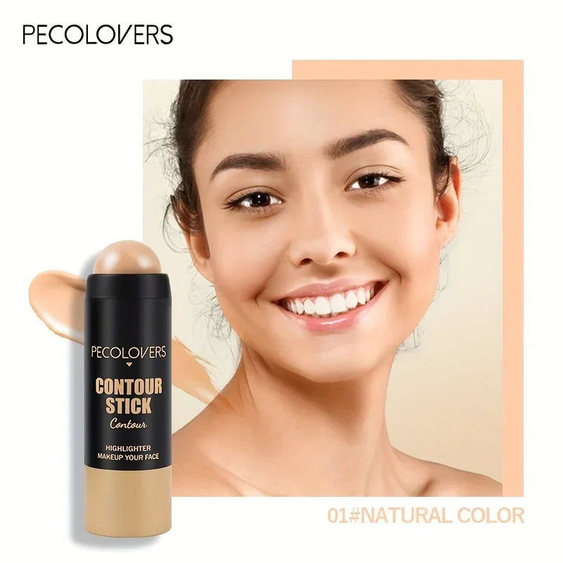 Smiling woman with natural makeup beside Pecolovers contour stick in natural color shade.