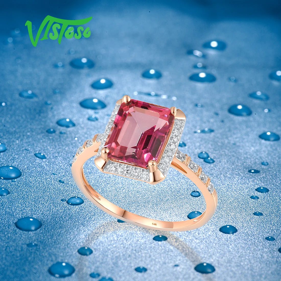 VISTOSO Genuine 14K 585 Rose Gold Solitaire Rings For Women Sparkling Diamond Pink Topaz Rectangle Gorgeous Fine Fashion Jewelry
