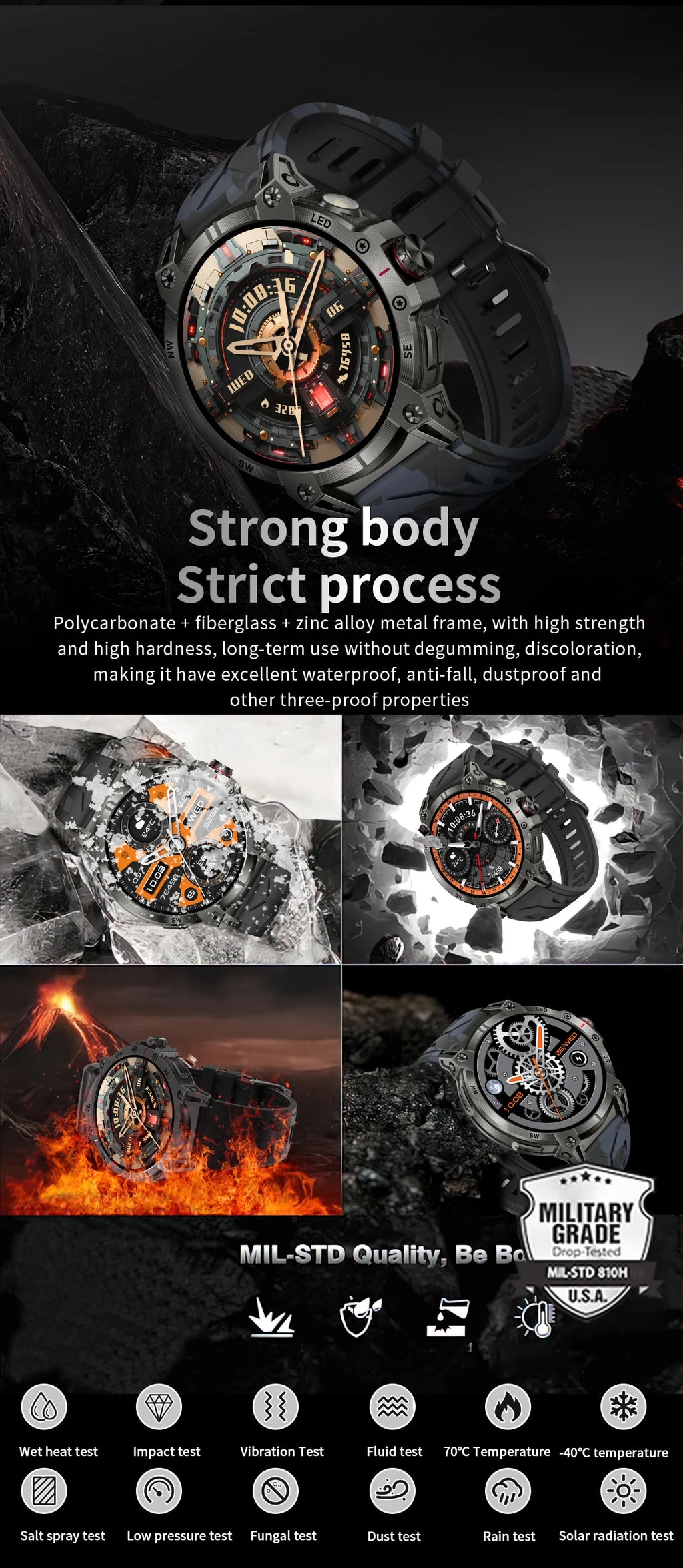 Military smartwatch men,760mAh Bluetooth call,LEDflashlight,compass,1.85HD Large screen,heart rate.blood pressure,IP68waterproof