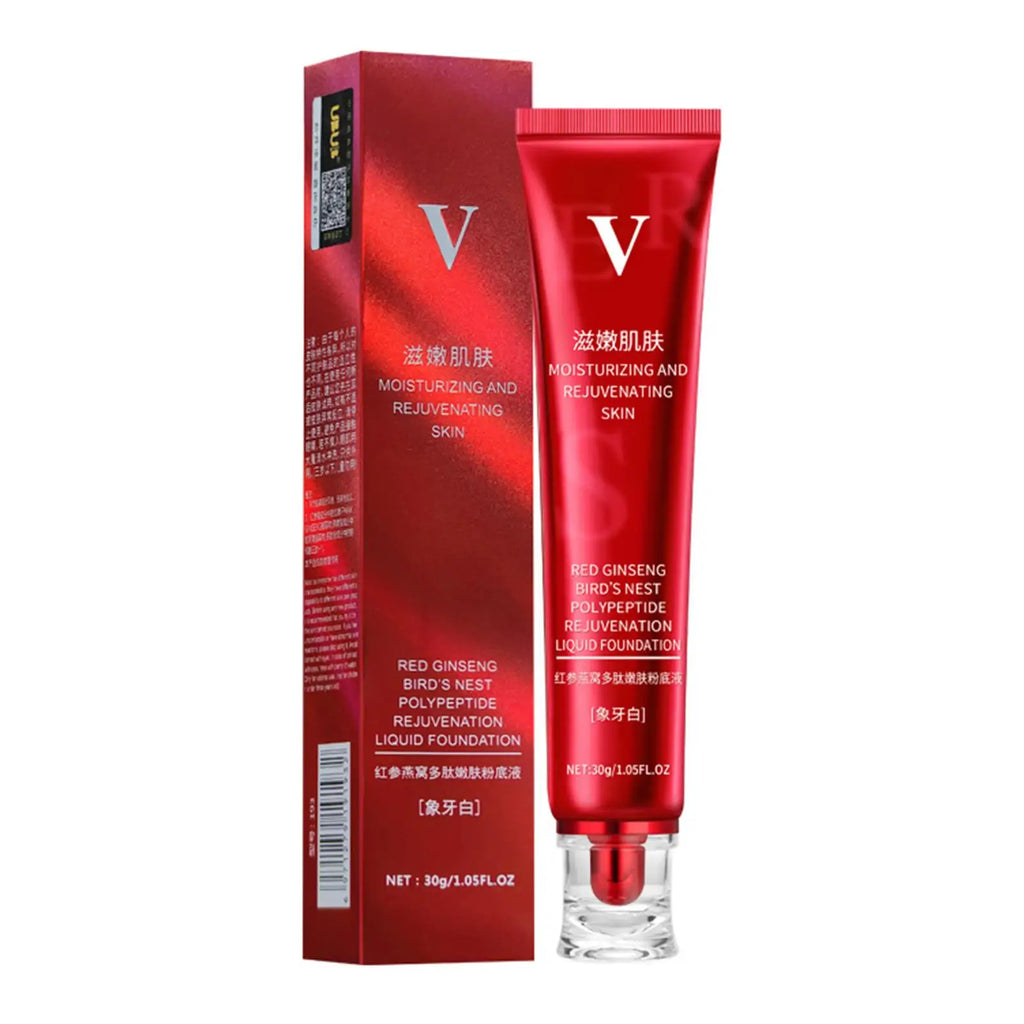 Red Ginseng Bird's Nest rejuvenation liquid foundation tube and box, moisturizing skincare