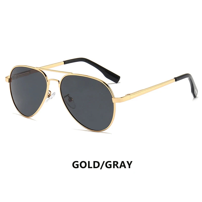 Gold frame aviator sunglasses with gray lenses, unisex fashion eyewear accessory