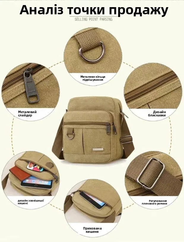 Casual Canvas Shoulder Bag for Men Business Crossbody Small Backpack Soft Handle Zipper Closure Leisure Style Mid-Year New