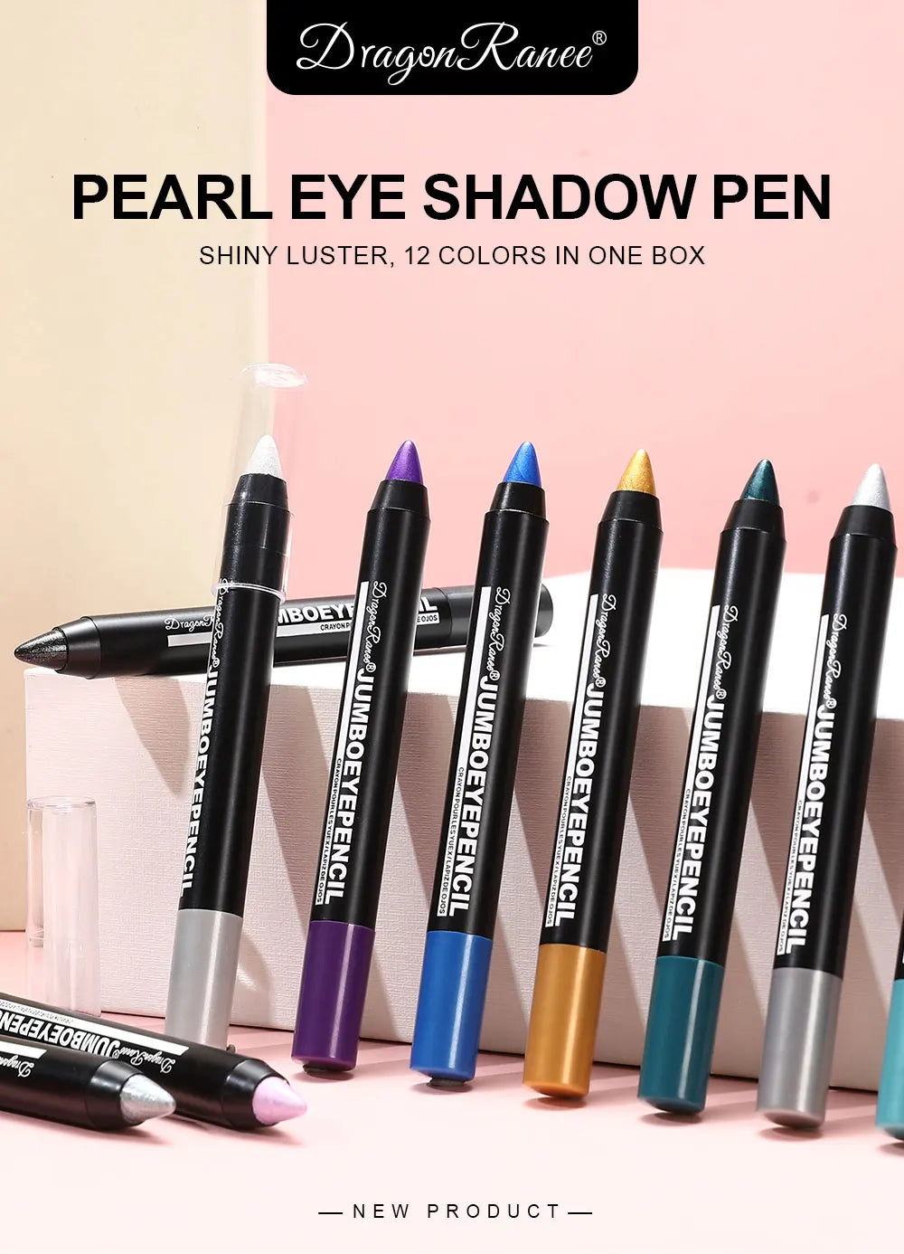 Set of DragonRanee pearl eye shadow pens in assorted colors displayed on a pink background.
