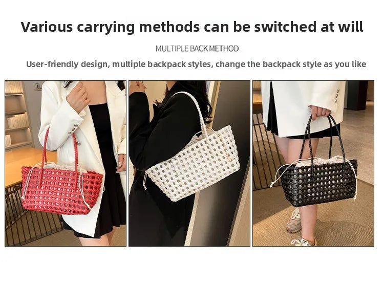 Hollow out Woven Beach Vacation Shoulder Backpack Women's Bag Casual Simple Style Double Strap Handbag for Daily Use