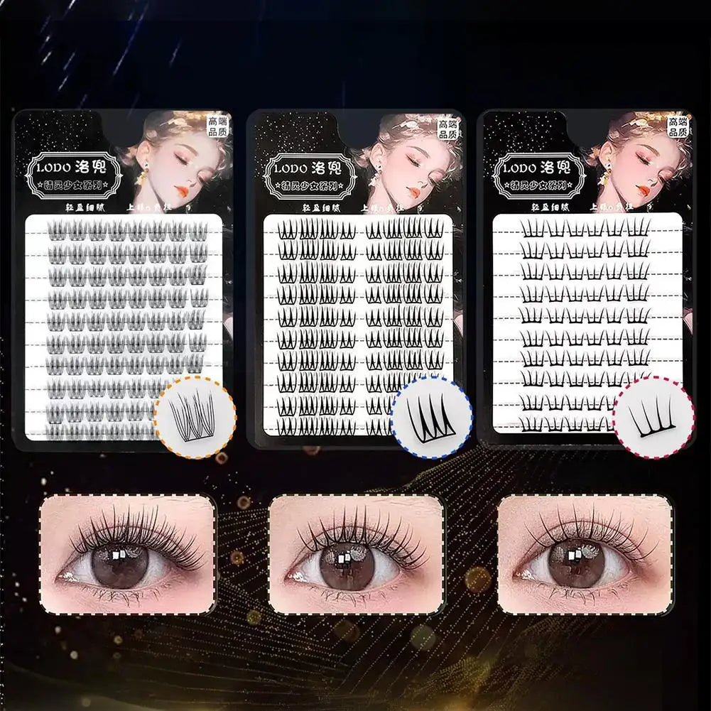 Variety packs of individual false eyelashes with close-up eye makeup results, beauty product