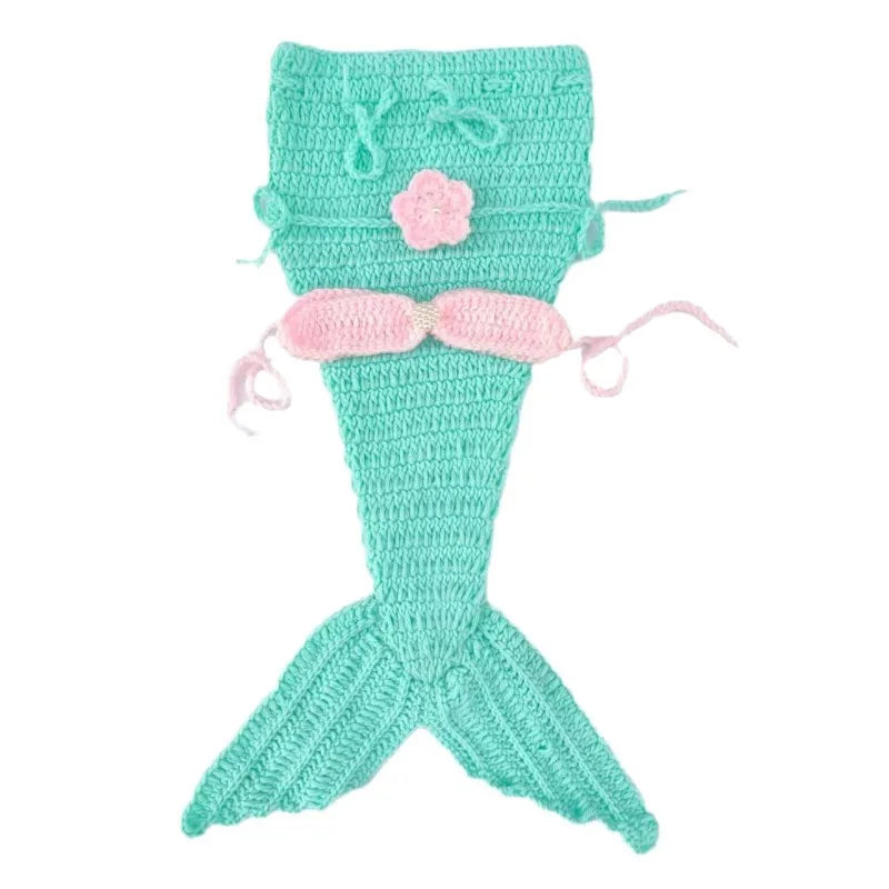 Light Blue Knitted Mermaid 3pc Set Headwear Fish Tail Top Newborn Garment Infant Studio Portrait Shooting Basic Photography Wear