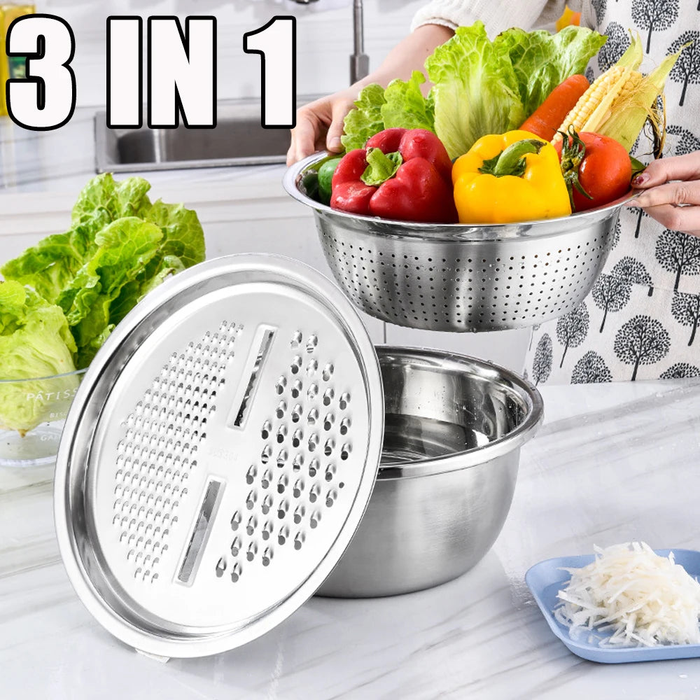 3PCS/1Set Vegetable Slicer, Stainless Steel Slicer, Potato Slicer, Vegetable Washing Basin, Drain Basket, Multifunctional