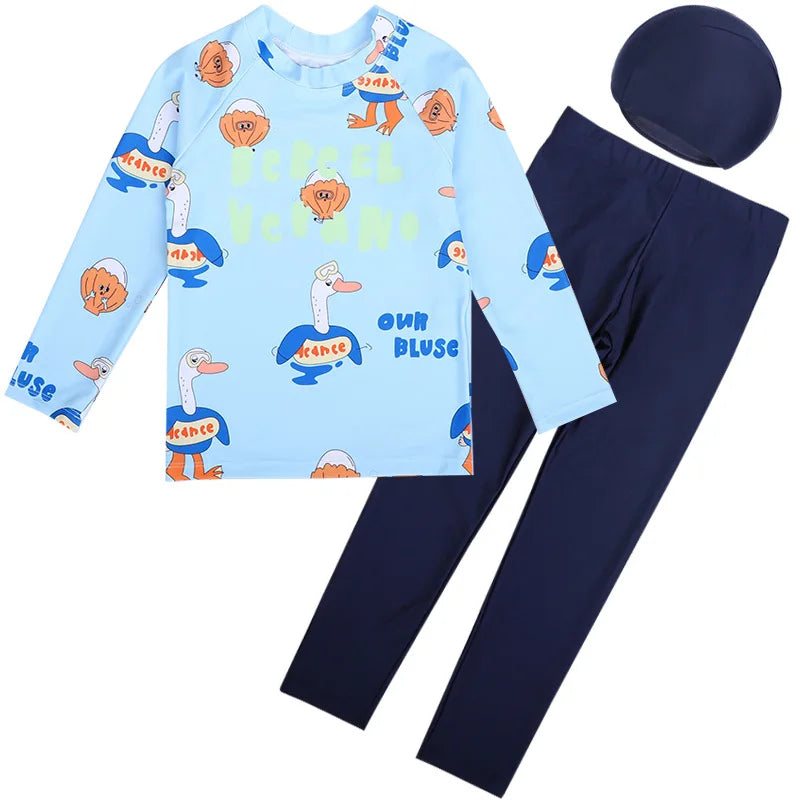 Swimming Suit for Girls Boys Cute Printed Long Sleeve Trousers Beach Swimwear for Kids Quick-dry Swimdress