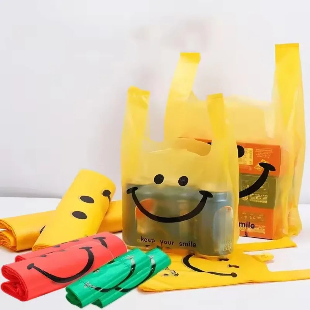 200-50Pcs Plastic Shopping Bags with Handle  3 Sizes Supermarket Shopping Convenient Reusable Bag Kitchen Storage Plastic Bag