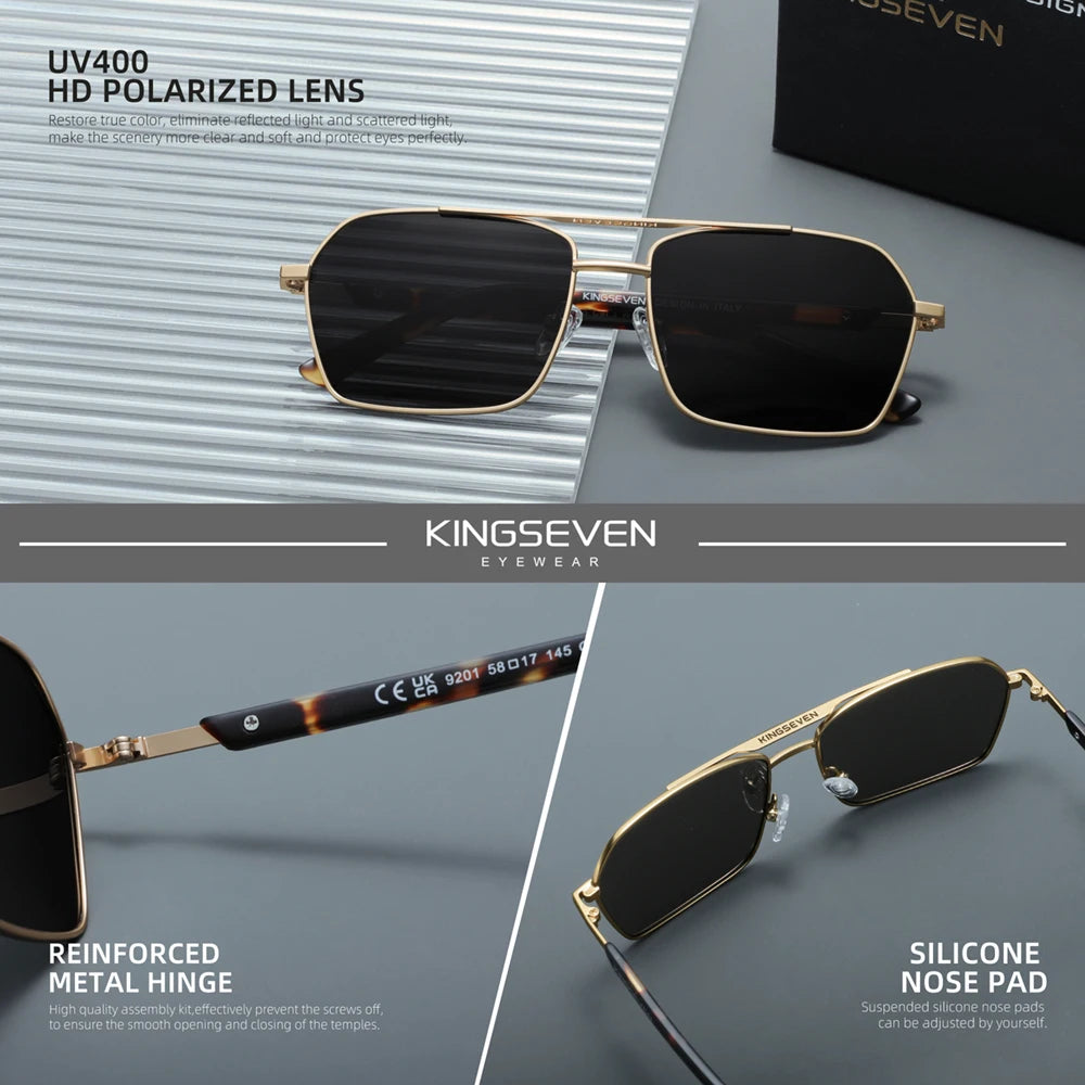 Gold frame sunglasses with black polarized lenses, UV400 protection, silicone nose pads, and reinforced metal hinges on a gray background.