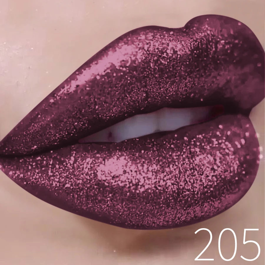 Close-up of lips with sparkly purple glitter lipstick, shade 205, beauty makeup.