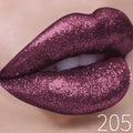 Close-up of lips with sparkly purple glitter lipstick, shade 205, beauty makeup.