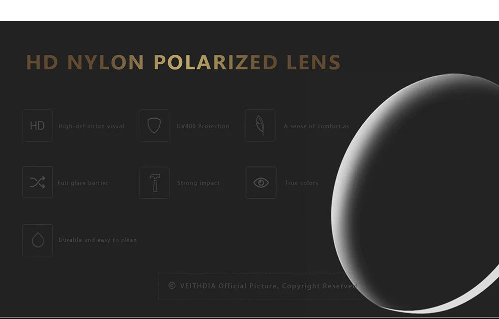 HD nylon polarized lens with glare barrier, UV400 protection, strong impact resistance.