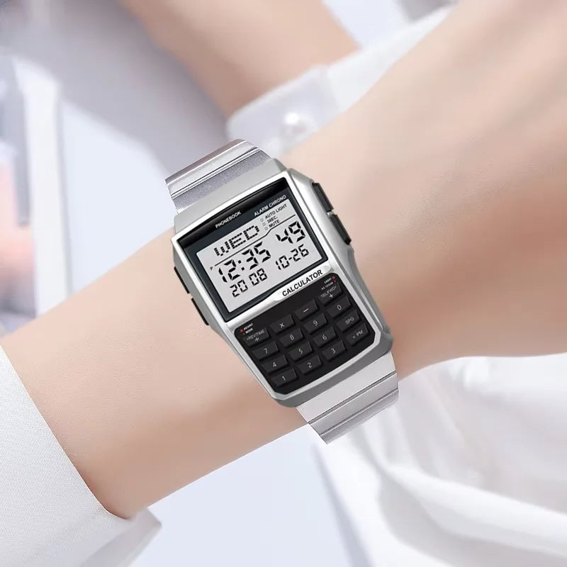 Top Luxury Stainless Steel Men's Watch Dual Time Zone Sports Calculator Watch Men's Digital Watch Timer Casual Phonebook Watch