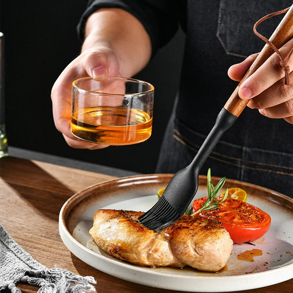 1/7Pcs Black Food Grade Silicone Kitchen Cookware Utensils Spatula Spoon Oil Brush Practical Cooking Tool Kitchenware Set