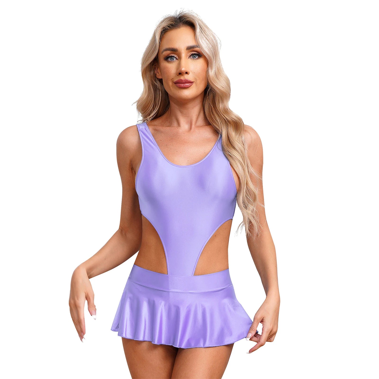 Maillot Bain Brillant Bodysuit Mini Jupe Femme