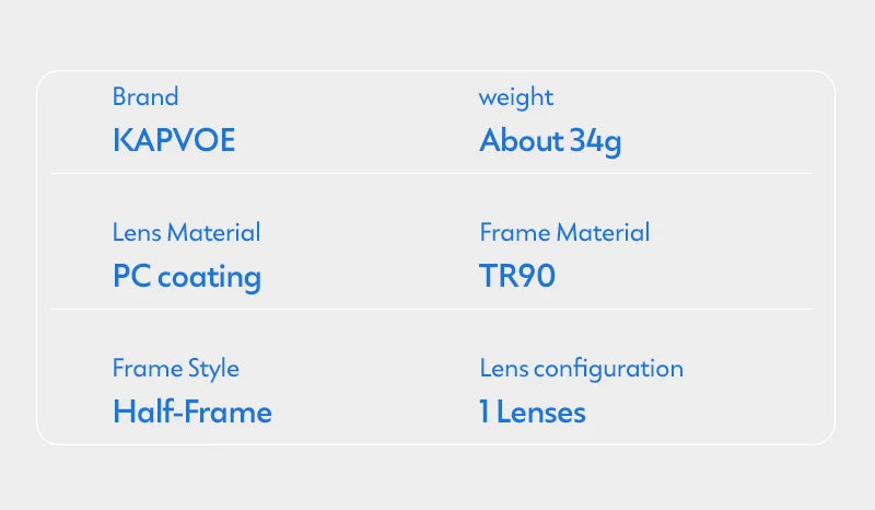 Sunglasses specs chart with brand KAPVOE, 34g weight, PC coated lens, TR90 half-frame, single lens.
