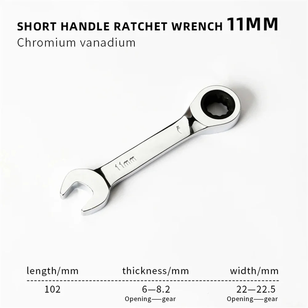 6-19mm Stubby Ratchet Spanner Short Ratchet Wrench Car Repair Hand Tools 72 Tooth Design Short Handle Dual-purpose Wrench Tool