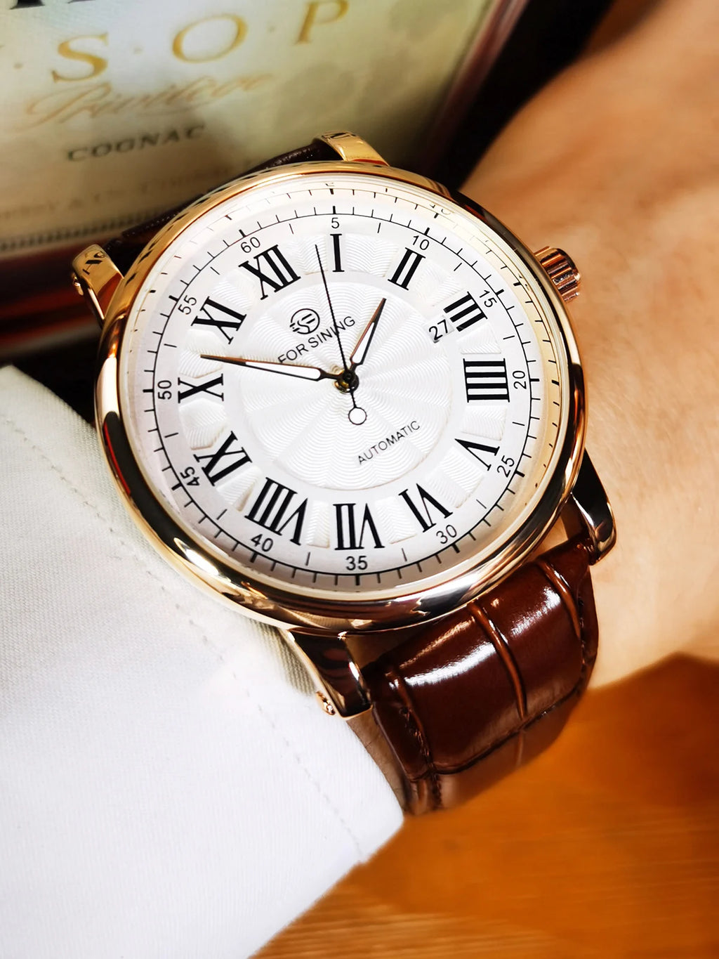 Forsining Classic Business Automatic Mens Watch Calendar Luxury Brand Brown Leather Strap Fashion Rose Gold Mechanical Watches