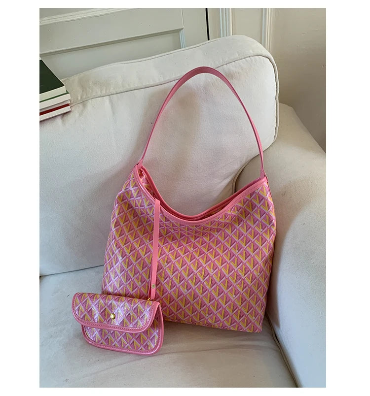 Large Capacity Women's Shoulder Bag Fashionable Commuter Tote Bag Soft PU Leather Printed Geometric Pattern Autumn New Arrival