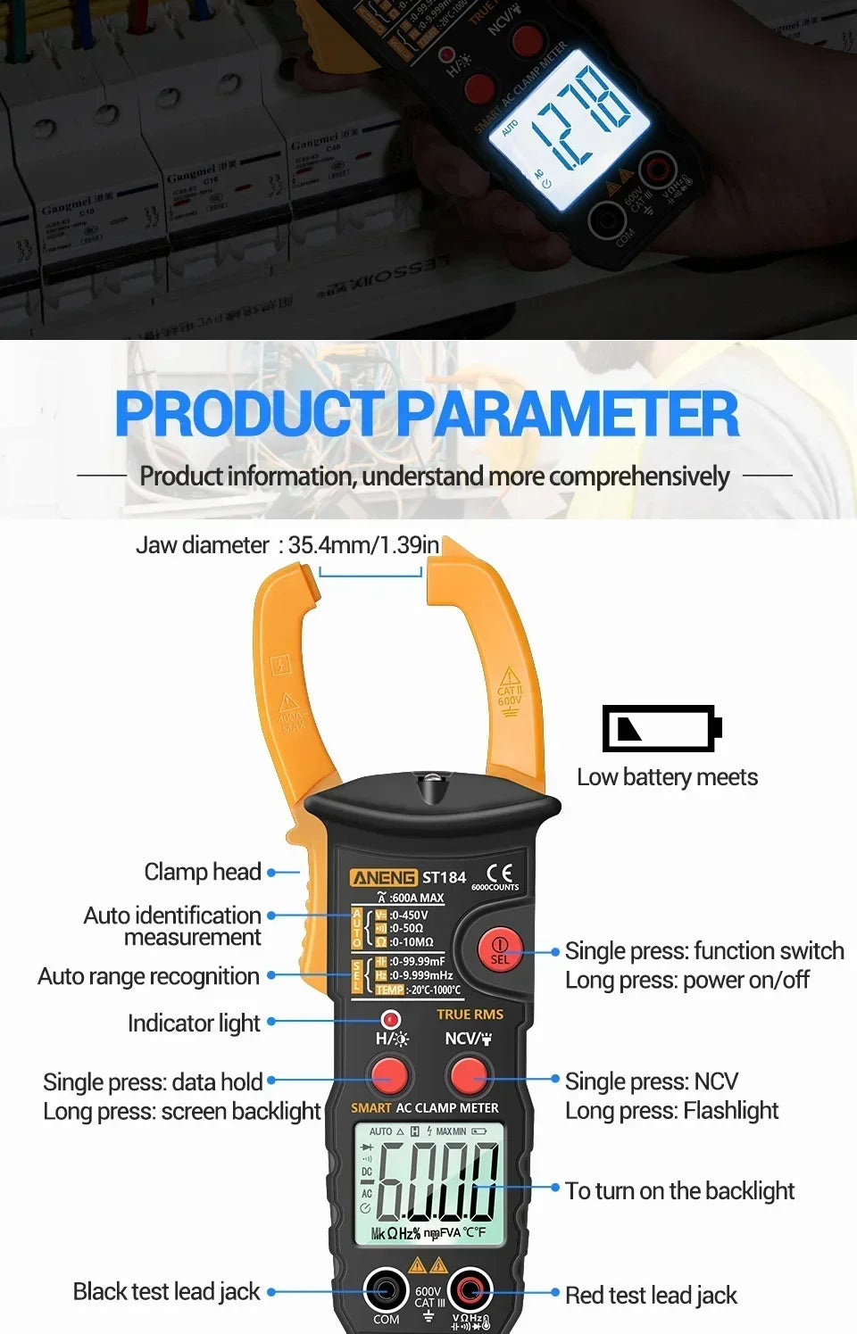 ANENG ST184 Digital Multimeter Clamp Meter True RMS Voltage Current Ohm Test+B15 Induction Tester Pen Electrician Detection Tool