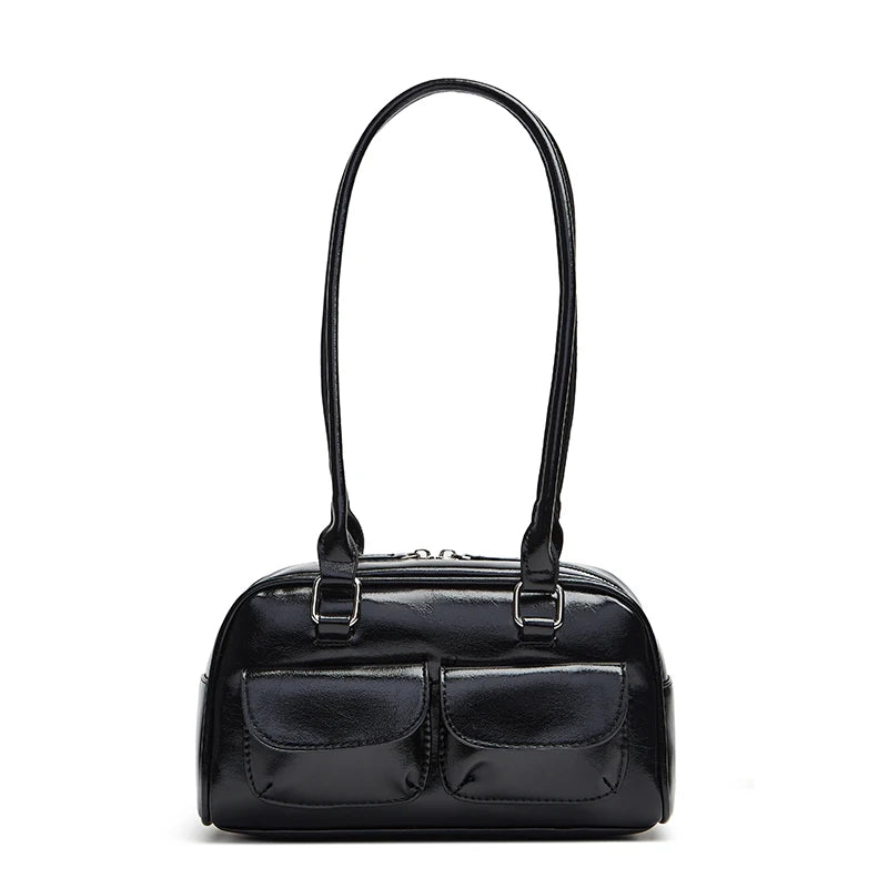 New women's bag fashion niche oil wax leather bowling bag multi-pocket armpit bag commuting handbag single shoulder bag