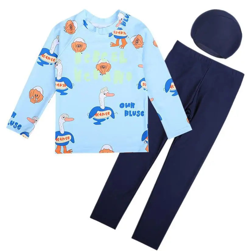 Swimming Suit for Girls Boys Cute Printed Long Sleeve Trousers Beach Swimwear for Kids Quick-dry Swimdress