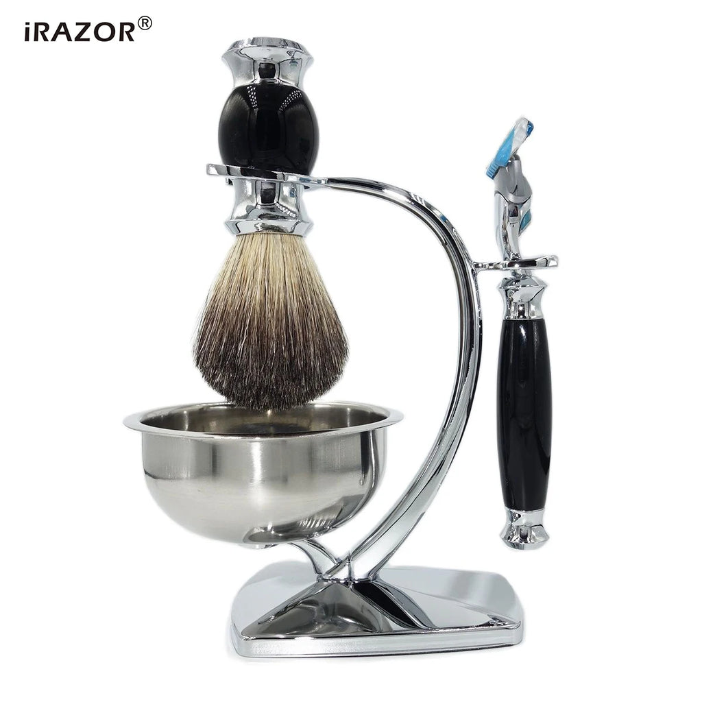 iRAZOR 5-Blade Fusion Safety Razor Shaving Kit with Badger Hair Shaving Brush & Bowl Stand Holder - Grooming Gift for Men
