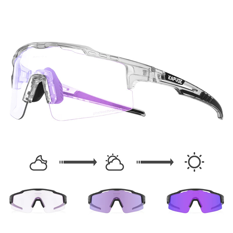 Photochromic sports sunglasses with clear to purple lenses and black trim, showing lens color change in different lighting conditions.