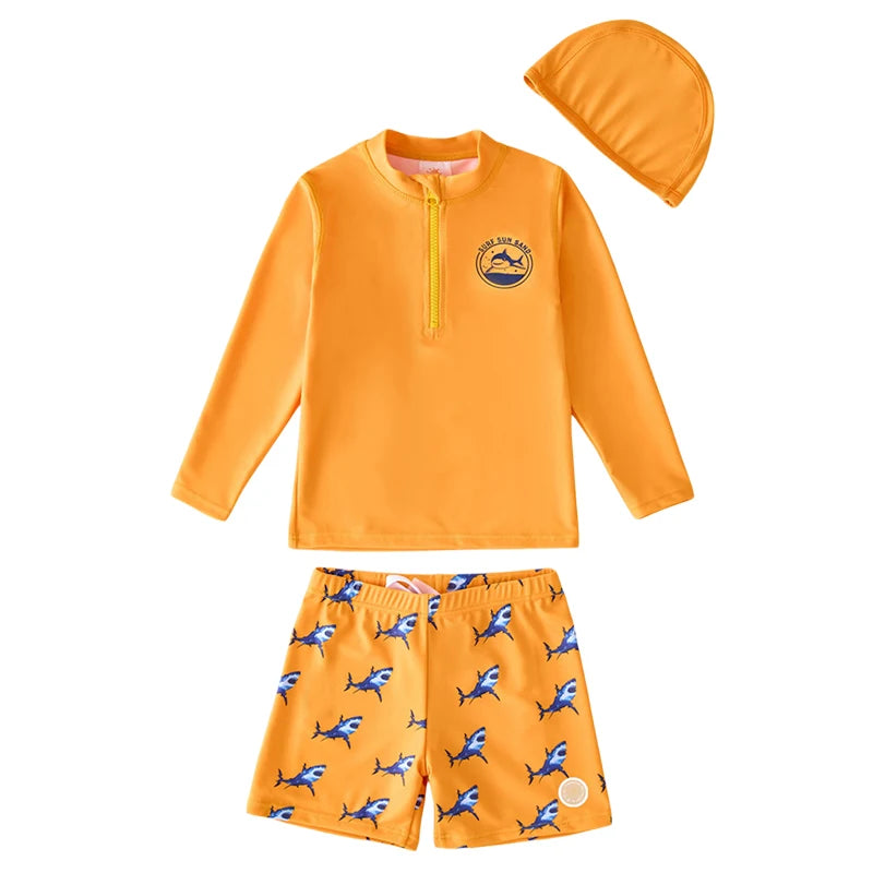 Children's Swimsuit Orange Long Sleeve Rash Guard Kids UPF50 UV Protection Boy's Beach Clothes Shark Swimming Bathing Suit Kids