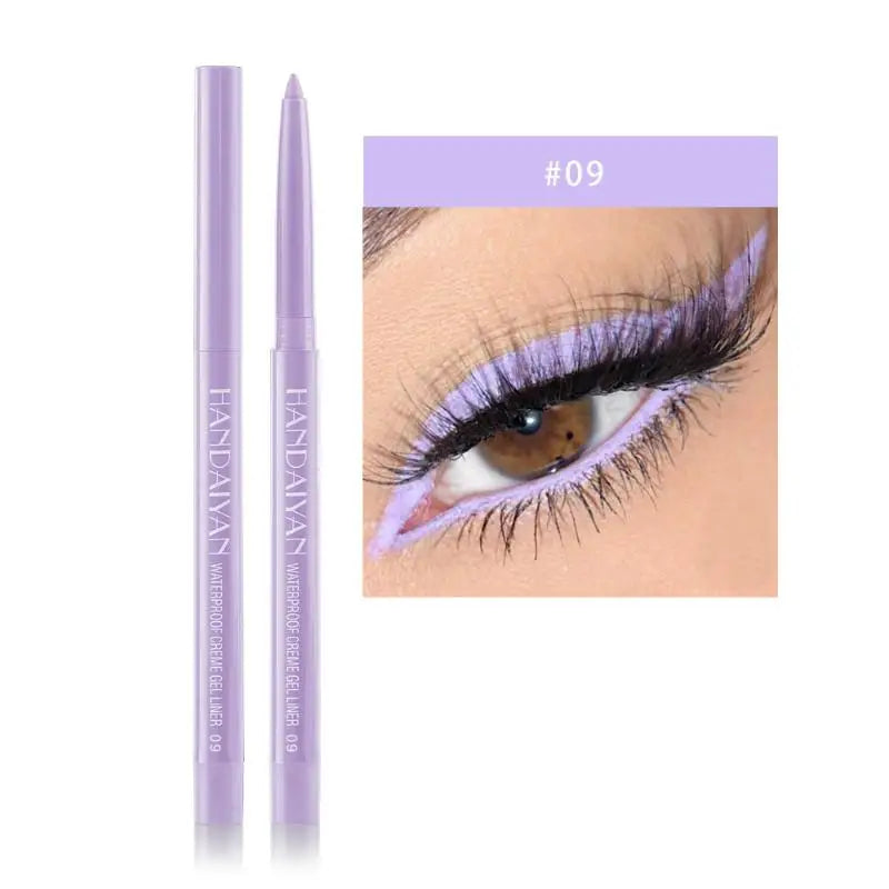 Lavender waterproof gel eyeliner pencil with close-up of eye wearing bold purple liner, shade 09.