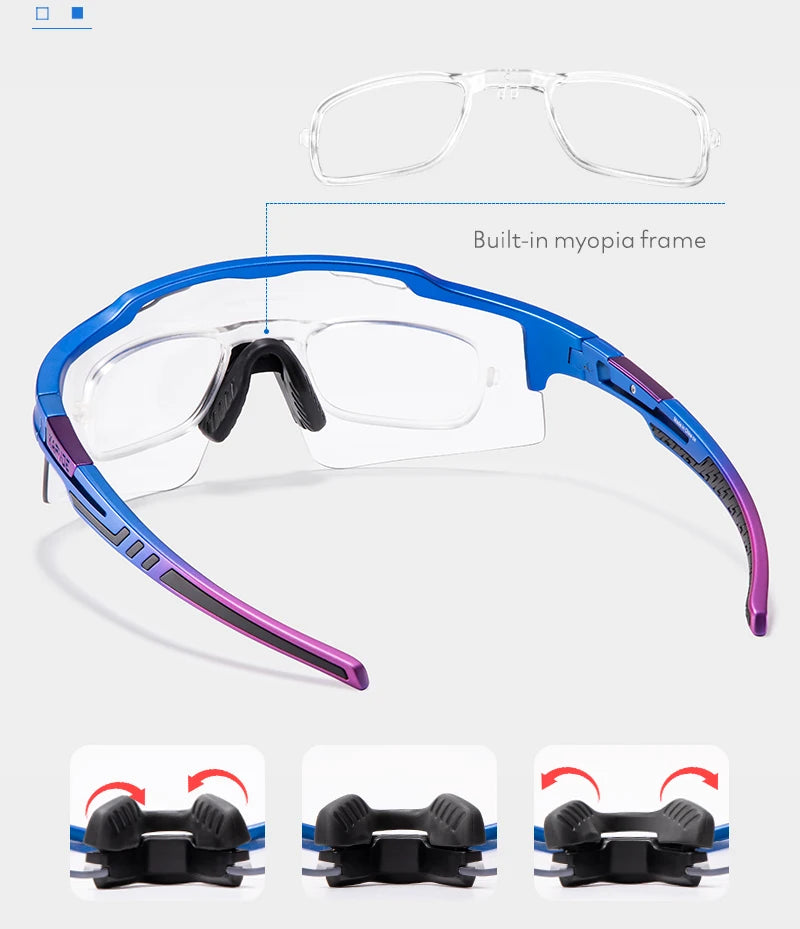 Blue and purple sports eyeglasses with built-in myopia frame and adjustable nose pads