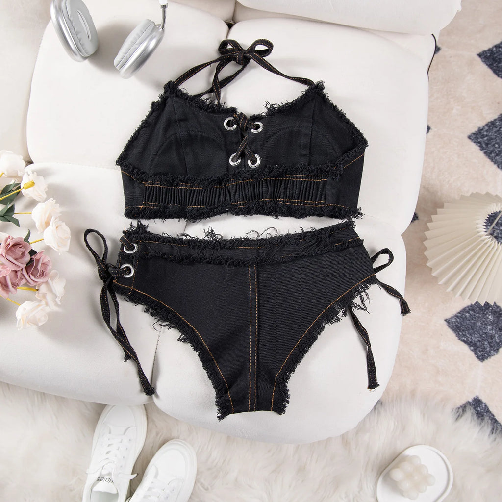 DEKA Women's Bandage Denim Bikini Set Summer New Jeans Shorts Swimwear Bra Beach Play and Bar Nightclub Swimsuit