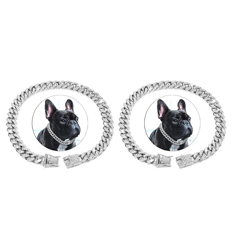 1/2pcs Pet Dog Collar Cat Chain Diamond Walking Metal Chain Collar With Design Secure Buckle Jewelry Accessories Cuban Collar