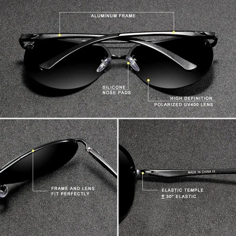 Black polarized sunglasses with aluminum frame, silicone nose pads, UV400 lenses, close-up details.