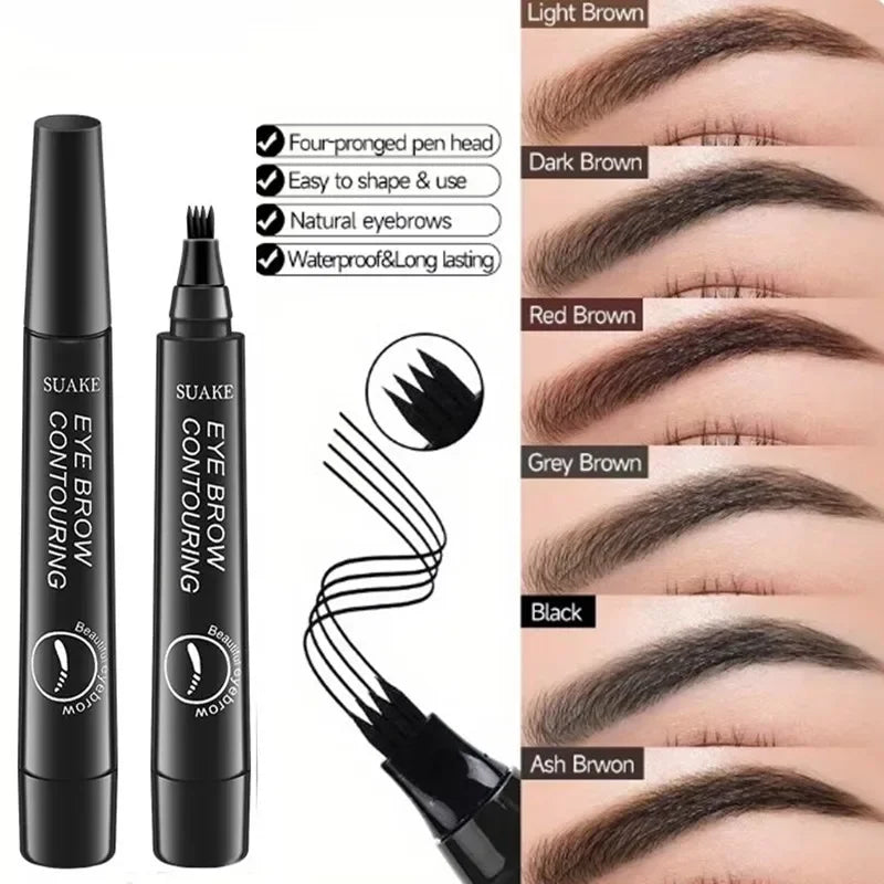 Eyebrow contouring pen with four-pronged tip, shown in six colors for eyebrow makeup.