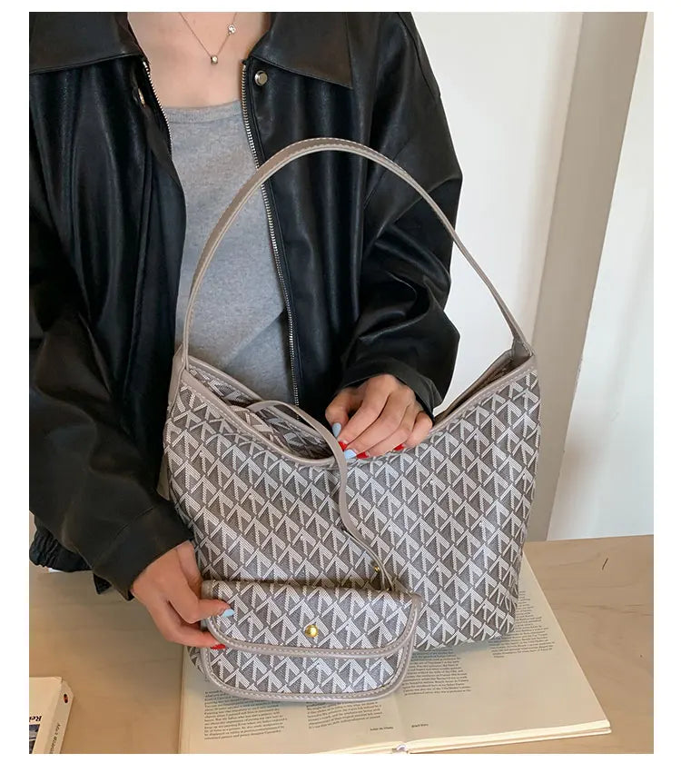 Large Capacity Women's Shoulder Bag Fashionable Commuter Tote Bag Soft PU Leather Printed Geometric Pattern Autumn New Arrival
